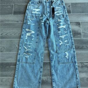 Fashion Nova Light Blue Distressed Relaxed Jeans